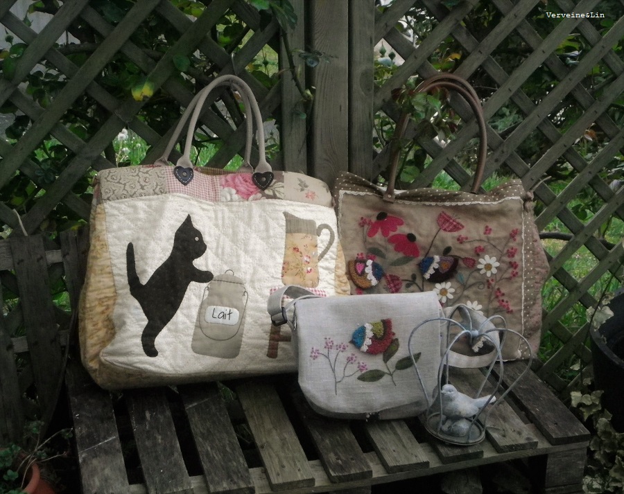 sac et cabas en patchwork, appliqué et punchneedle