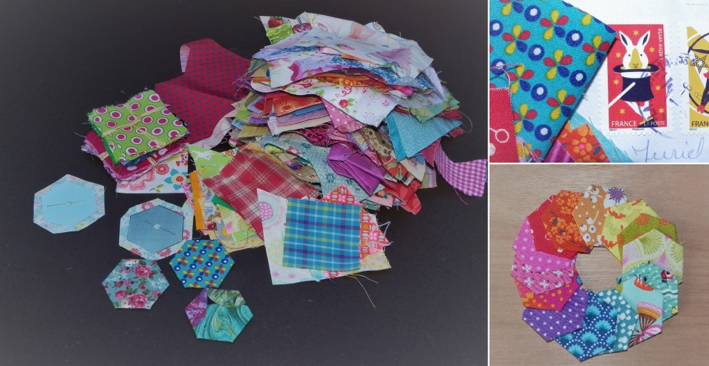 hexagones multicolores en english paper piecing