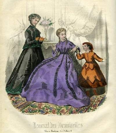 gravure de mode ancienne d'une robe violette
