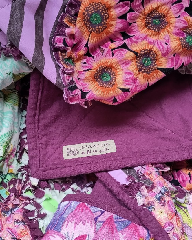 rag quilt en tissus violets et verts